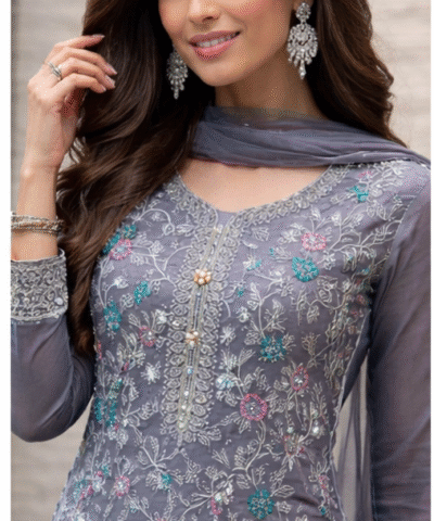 Elegant Grey Embroidered Suit – Timeless Grace# ORDER No. 00068/25