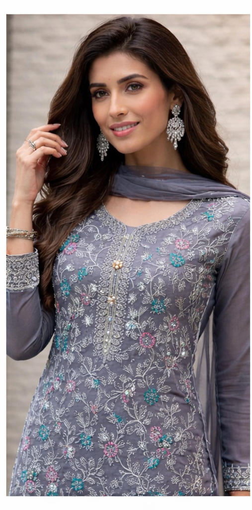 Elegant Grey Embroidered Suit – Timeless Grace# ORDER No. 00068/25