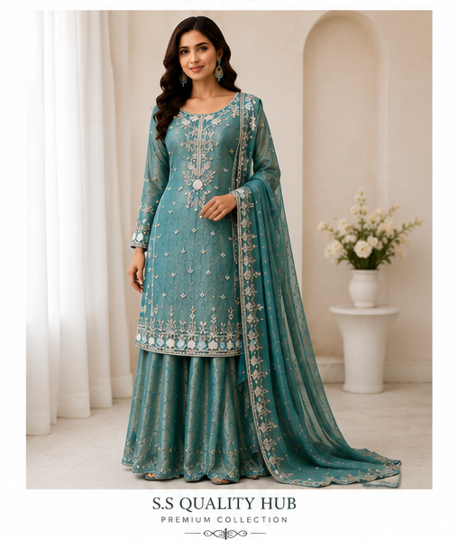 Premium Embroidered Festive Sharara Set – Teal Green & Coral Peach - Image 2