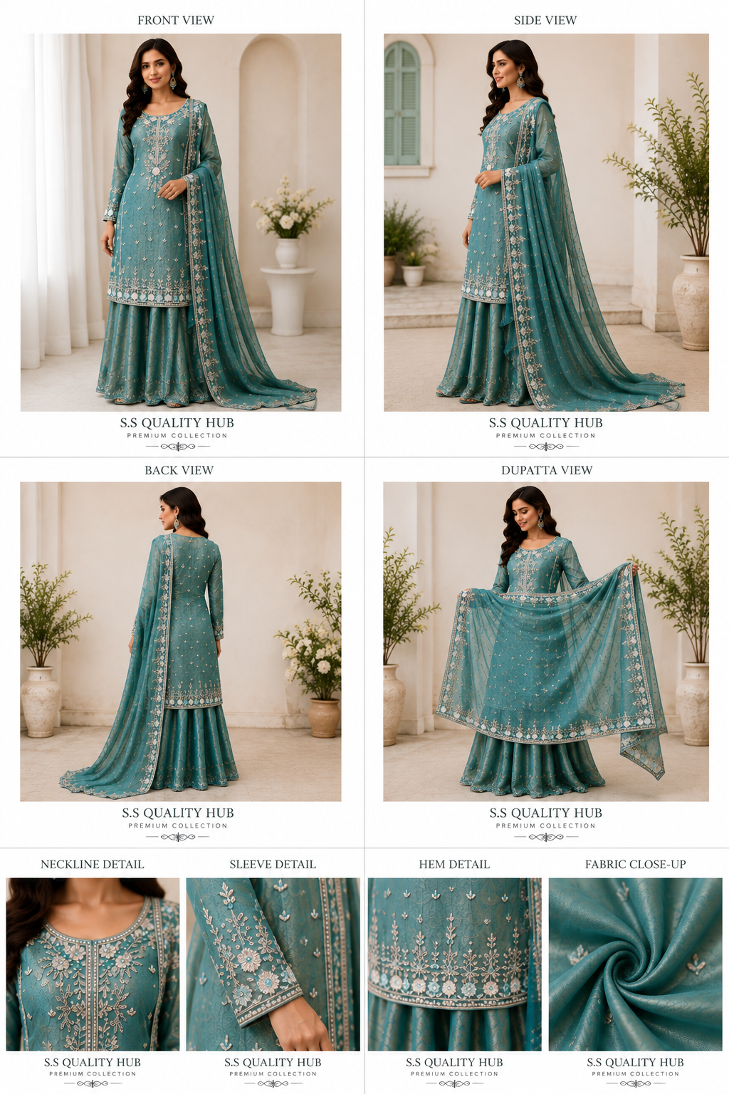 Premium Embroidered Festive Sharara Set – Teal Green & Coral Peach - Image 3