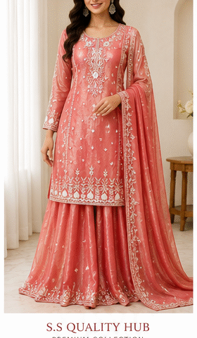 Premium Embroidered Festive Sharara Set – Teal Green & Coral Peach