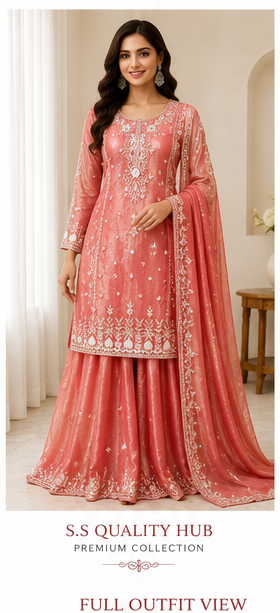 Premium Embroidered Festive Sharara Set – Teal Green & Coral Peach